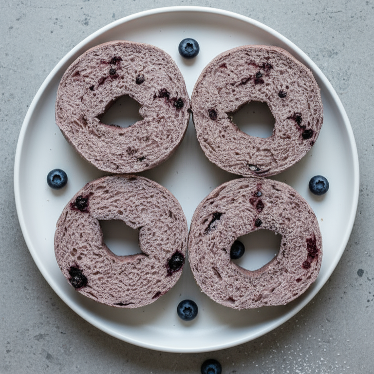 野生藍莓貝果切面細節，顯示紮實高蛋白麵包體與藍莓果乾